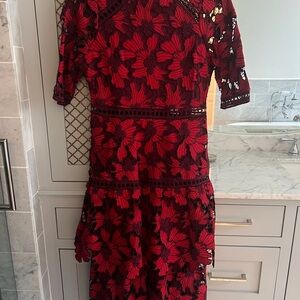 Red and Black Asymmetrical Sheath Dress with Raglan Sleeves